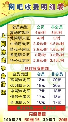 网吧收费表