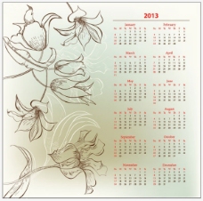 复古绿色系线条花朵2013年日历矢量素材
