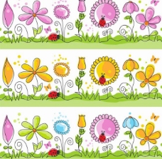 手绘花纹草地鲜花向日葵瓢虫春天背景图片