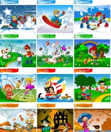 春季主题十二个月卡通快乐儿童日历背景图片