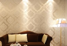 亮银米色欧式沙发背景墙纸图片