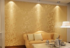 金黄欧式莨苕叶沙发背景墙纸灯光下壁纸图片